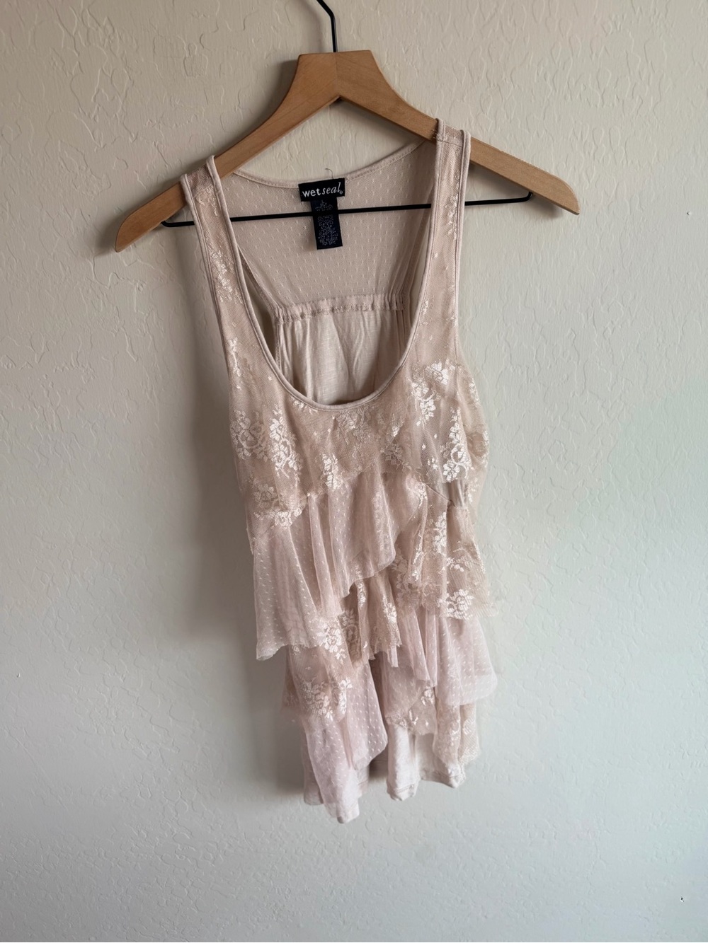 Wet Seal Cream Asymmetrical Ruffle Lace Tank Whimsical Fairy 90s Y2K Vintage